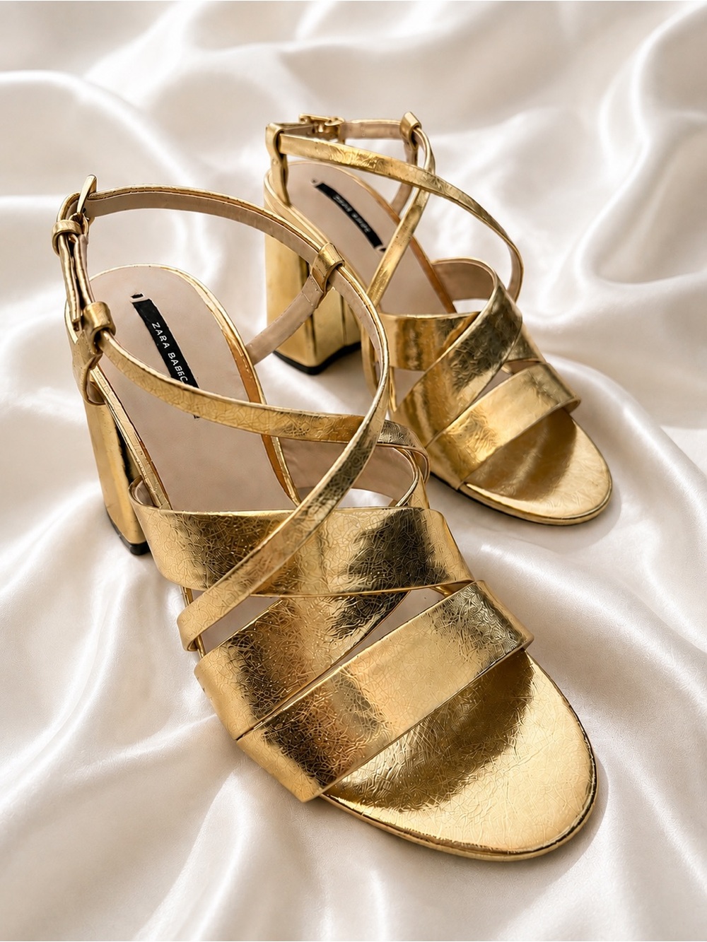 ZARA Metallic Gold Strappy Block Heel Sandals